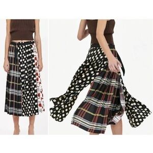 Zara Multicolored Patterned Midi Skirt Pleated Sz XS Wrap Belted Polka Dot Plaid